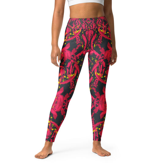 Women's Sports Leggings with Pockets, High Waist Red pattern